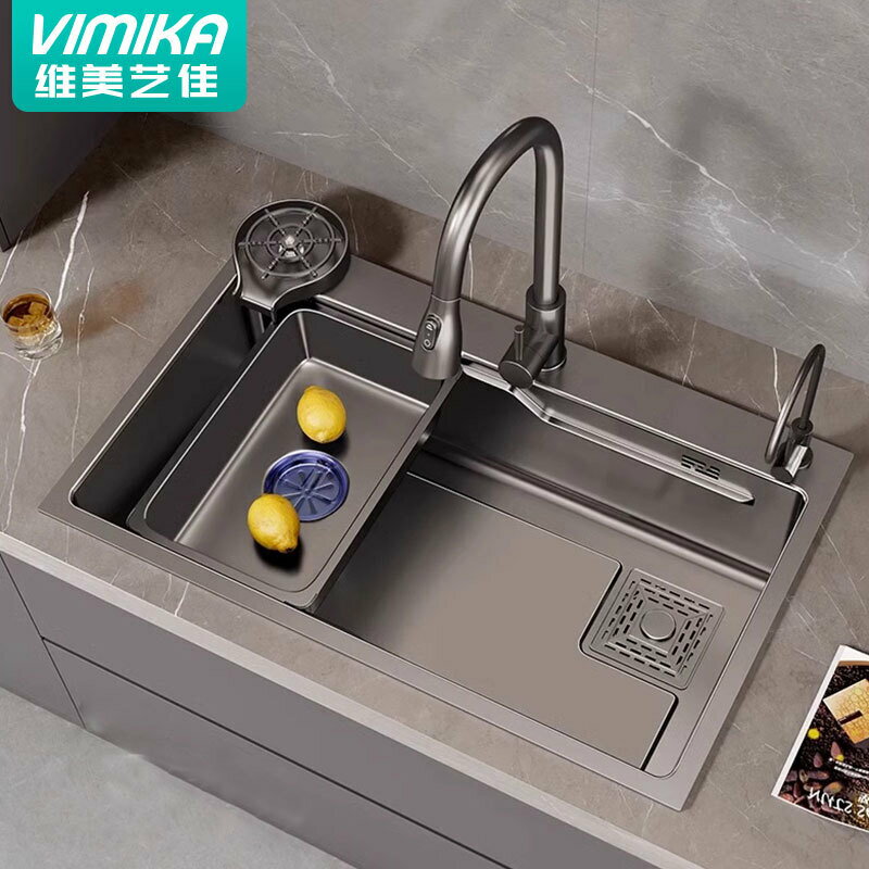 免運 可開發票 廚房瀝水槽 厨房手工水槽304不锈钢加厚 枪灰色洗菜盆大单槽洗碗池洗菜盆家用