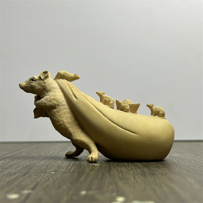 小葉黃楊木雕老鼠拉錢袋擺件實木雕刻生肖鼠家居辦公室招財工藝品