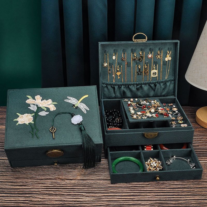 首飾盒 刺繡雙層大項鏈 手鐲珠寶復古中國風飾品收納盒 結婚生日禮物