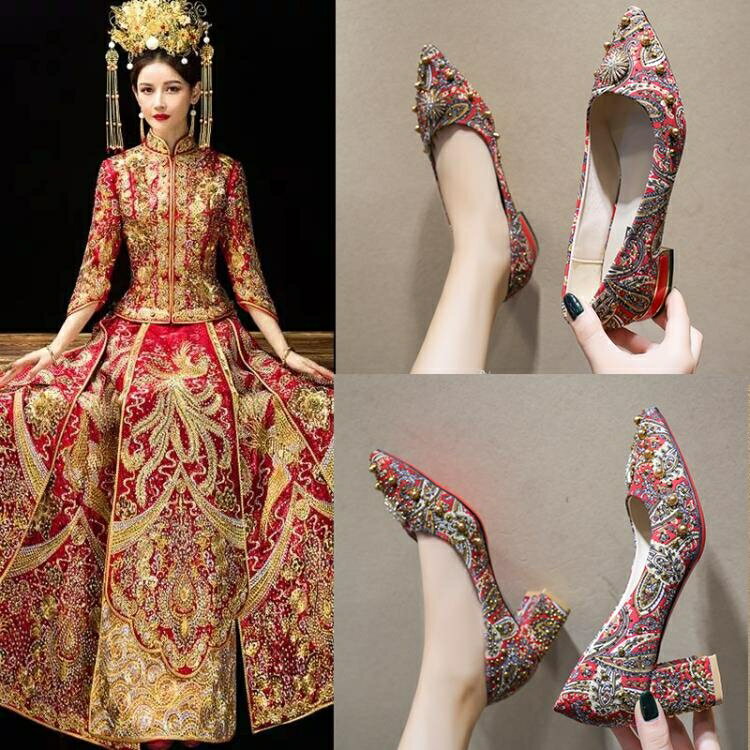 秀禾鞋結婚鞋百搭平底鉚釘低跟3cm孕婦紅色中式新娘鞋 全館免運