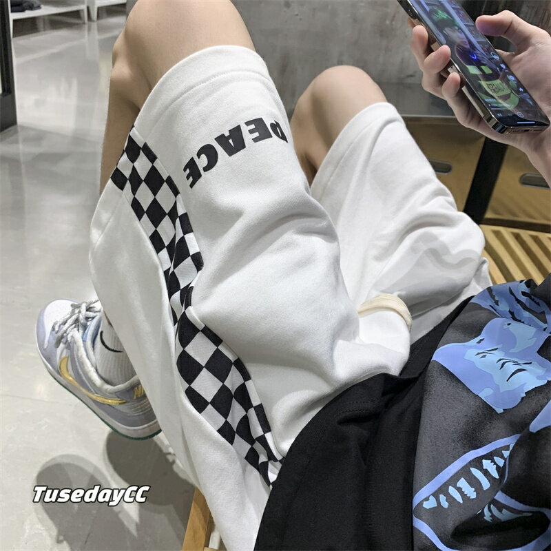 重磅美式短褲男夏季設計感小眾潮牌棋盤格褲子寬松白色運動五分褲