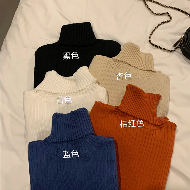 針織衫女新款韓版秋冬百搭修身顯瘦高領上衣加絨加厚套頭打底毛衣1入