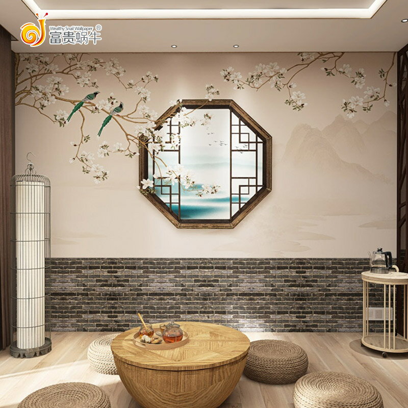 中式古典花鳥仿門窗圍墻桌布臥室茶室古風主題火鍋店茶樓餐廳墻紙