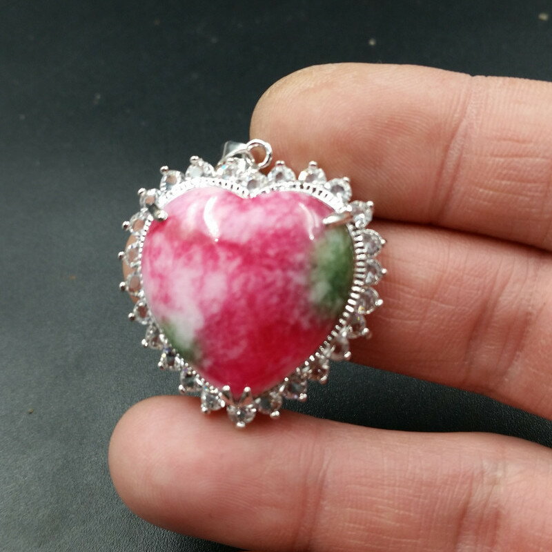 珠寶玉器天然玉石桃花玉心形鑲鉆玉掛件玉石心形玉掛件