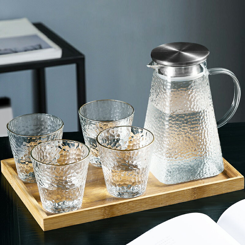 錘紋冷水壺家用涼水涼茶壺玻璃耐高溫日式大容量涼水杯套裝