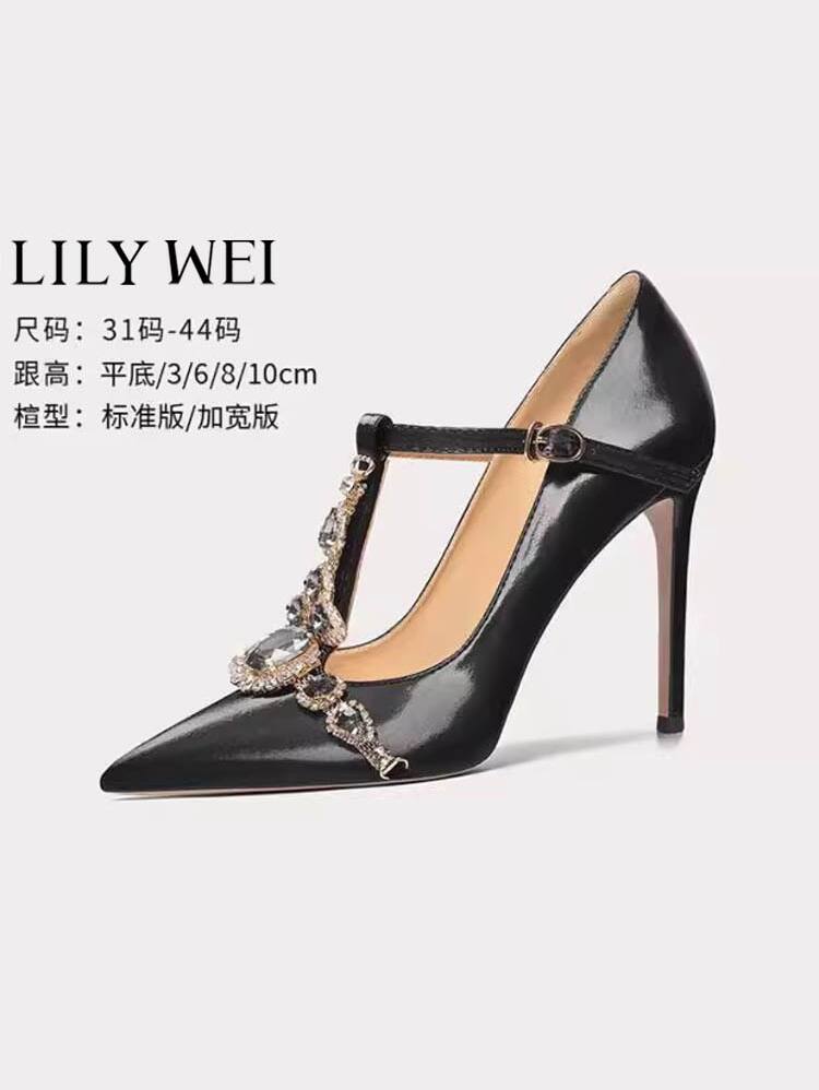 Lily Wei【2024春新款】美式高跟鞋黑色設計款水鉆大碼女鞋41一43