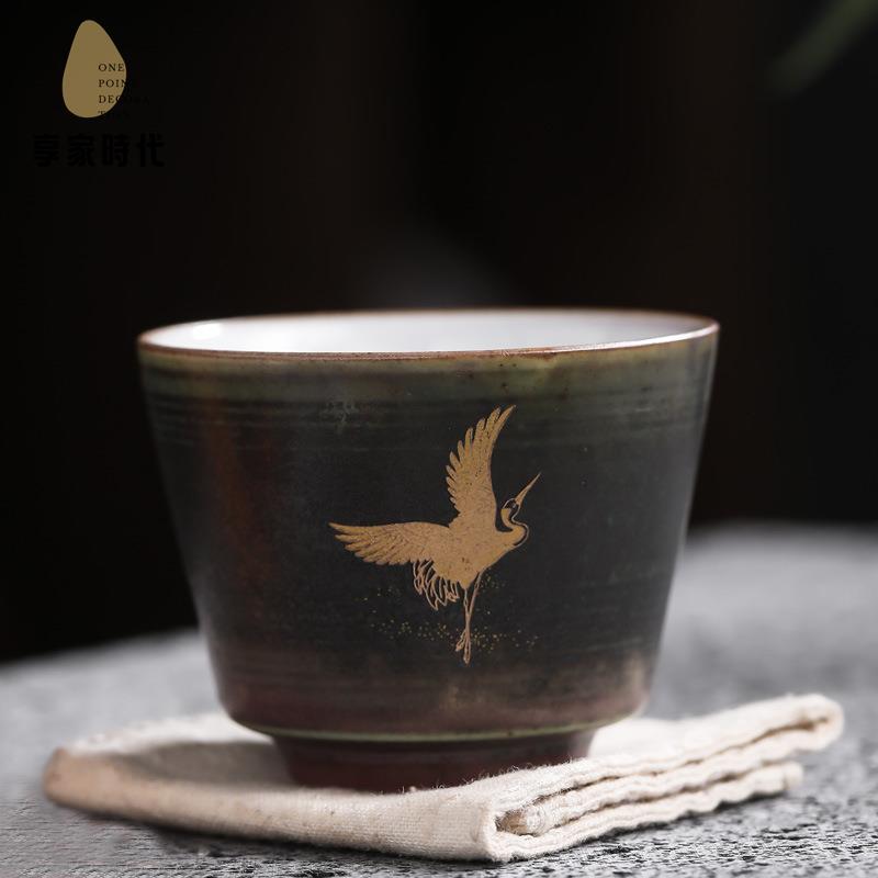 瑞鶴呈祥茶杯 日式手工 粗陶 窯變煥彩 主人杯 套組單杯個人杯品茗杯xj7251