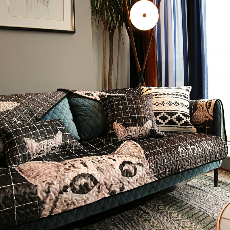 可愛貓咪冬季客廳沙發坐墊 簡約現代卡通毛絨沙發墊套可水洗沙發巾