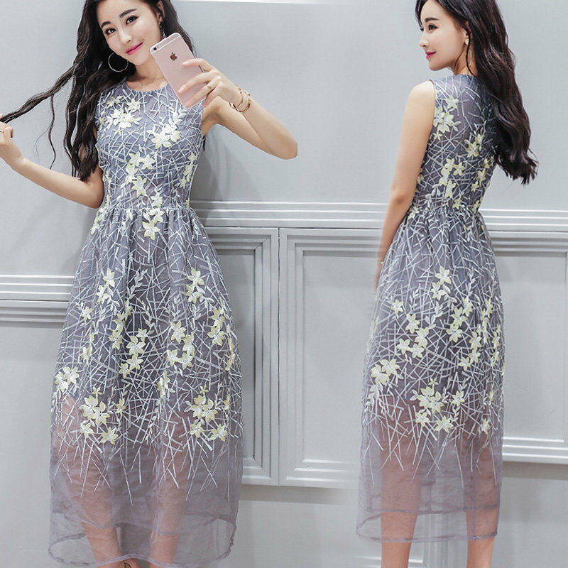 FINDSENSE G5 韓國時尚 無袖 中長款 蓬蓬裙 網紗裙 刺繡 蕾絲 連身裙