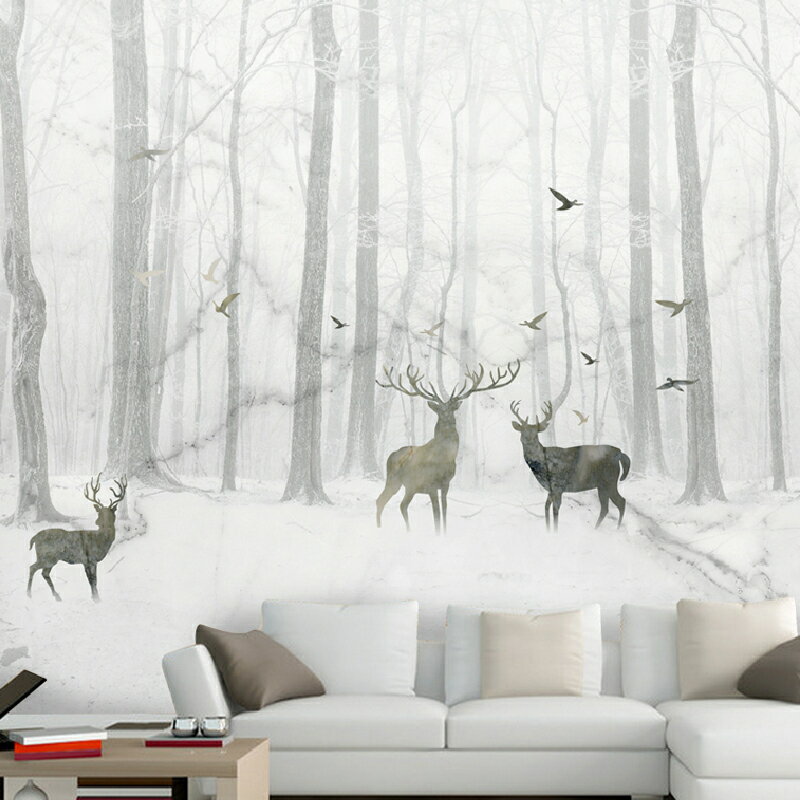 北歐風格壁紙森林麋鹿壁畫客廳電視背景墻田園現代簡約3D影視墻布