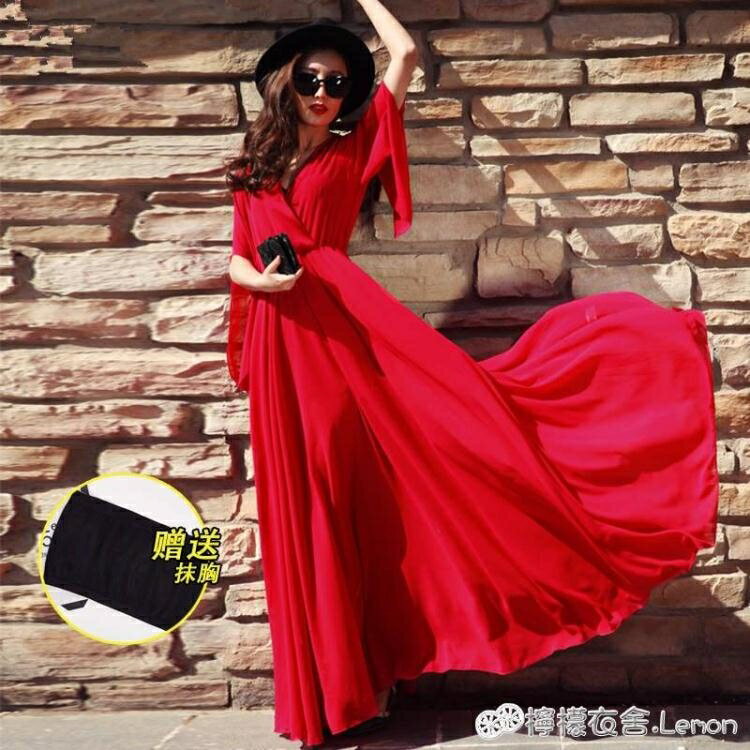 女新款夏氣質韓版顯瘦雪紡超長款紅色沙灘裙子長裙洋裝飄逸 全館免運