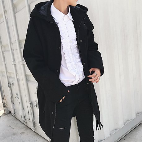 FINDSENSE G6 韓國時尚 男士黑色連帽款拉鍊中長款呢料風衣外套寬鬆大衣