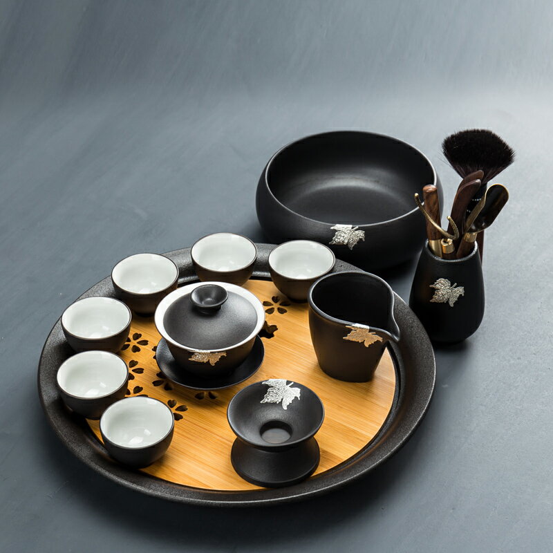 上安堂日式黑陶功夫茶具套裝家用簡約茶壺蓋碗陶瓷干泡茶盤茶臺
