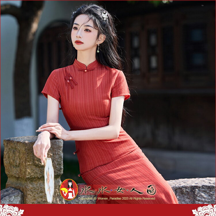 春夏新款彈力棉麻條紋旗袍復古典雅文藝風改良現代少女連身裙洋裝日常可穿-芳迷(紅色)-水水女人國