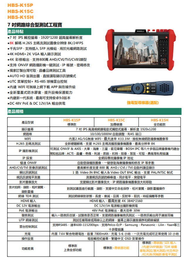 昌運監視器 HBS-K15C 7吋 800萬 觸控式 尋線器 工程寶 監視器測試 工程測試 1