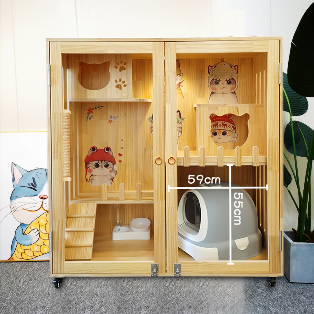 【台灣現貨+預購】實木貓別墅 豪華家用貓公寓 大空間貓籠貓櫃子 雙層三層防水貓房子 加寬貓屋貓舍貓窩 寵物籠子 4
