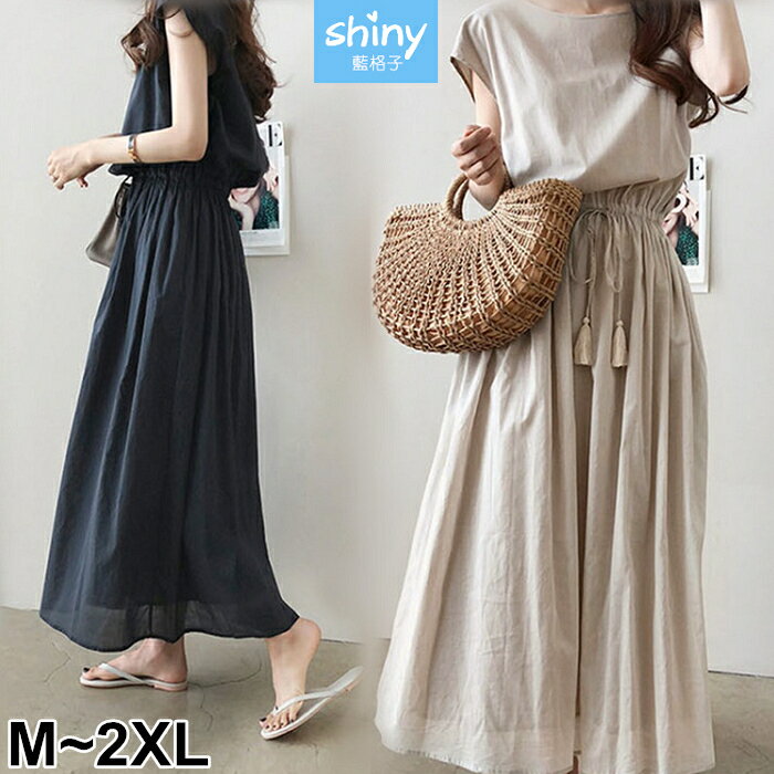 氣質搭配．素色流蘇束腰棉麻連身長裙－shiny藍格子【V5126】