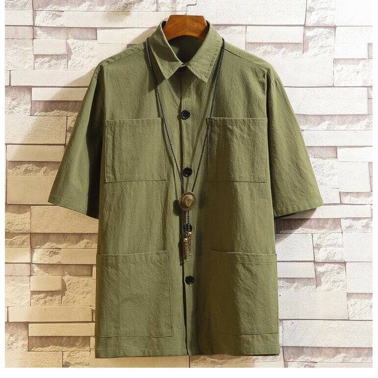 【夏上新】M-5XL 大碼襯衫 短袖襯衫 男裝 工作襯衫 有帶四個口袋的工裝短袖襯衫男士夏天胖子肥佬大碼潮多兜純棉襯衣上
