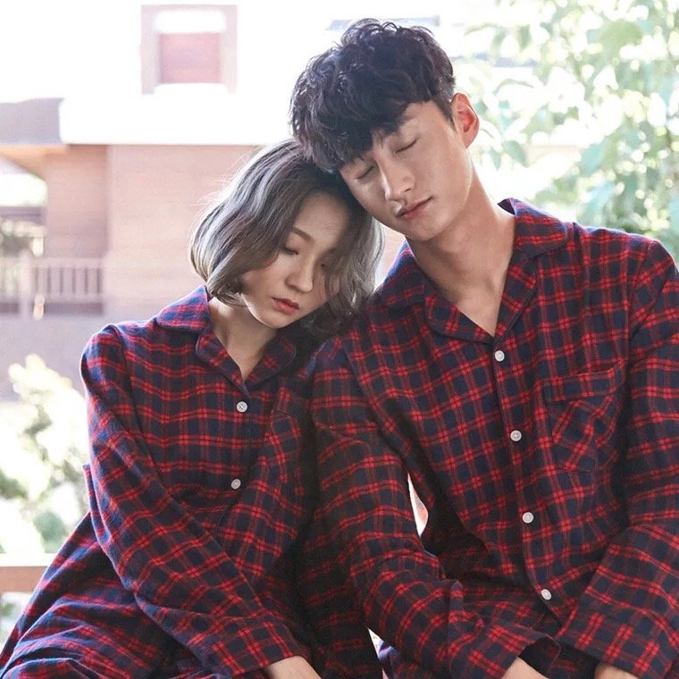 FINDSENSE品牌 韓國 潮 男女 情侶裝 格子 簡約 睡衣 套裝 居傢服