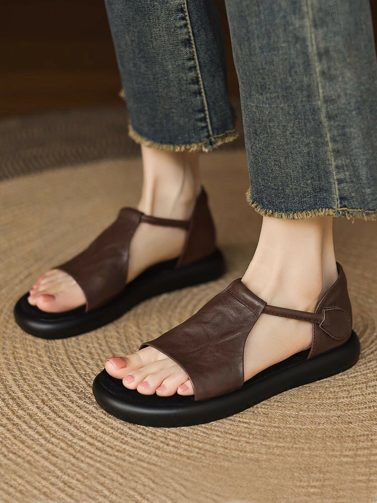 女士魚嘴真皮涼鞋 頭層牛皮軟底復古休閑平底涼鞋女2025夏季新款厚底露趾魚嘴羅馬鞋