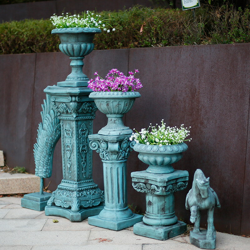 創意羅馬柱高腳杯花園歐式擺件復古做舊庭院裝飾石膏花盆底座架