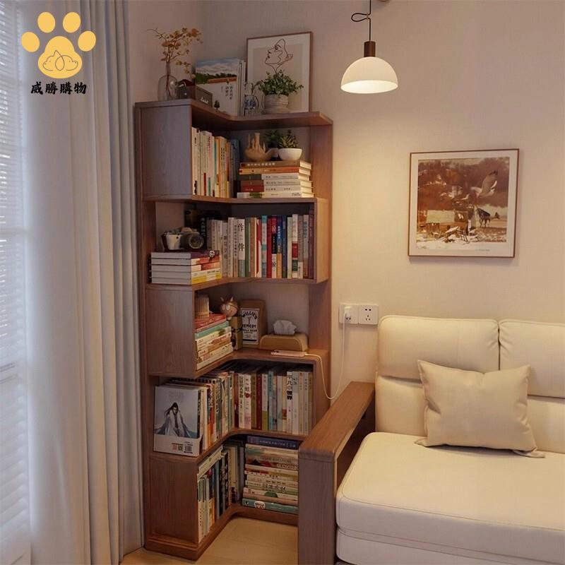 實木轉角書架 落地置物架 墻角櫃子 客廳一體靠墻邊櫃 拐角儲物櫃 書櫃Y9/12