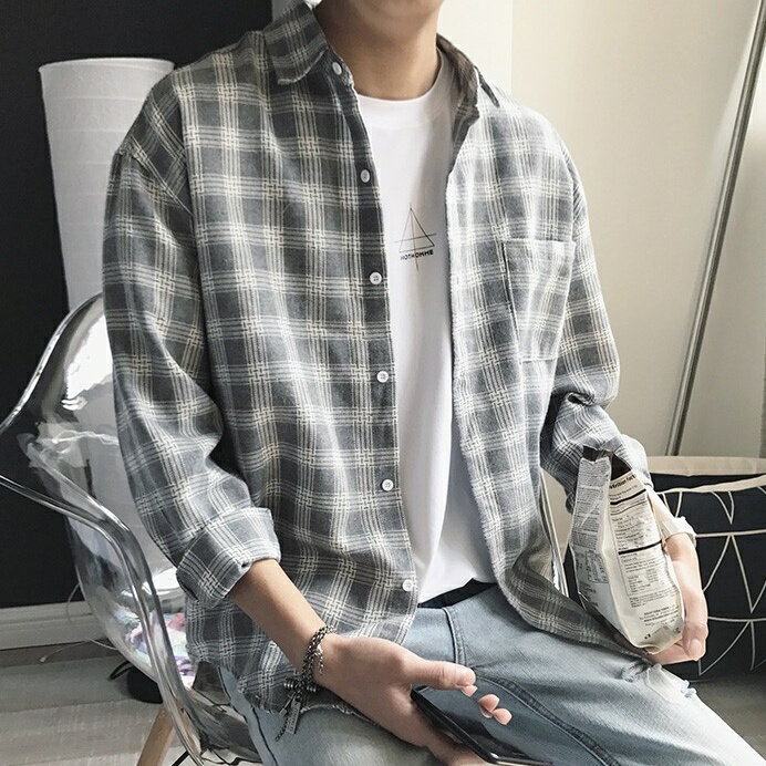 【MLM】 長袖襯衫 M-3XL INS 日系格子襯衫 學院風休閒百搭襯衣 格紋男襯衫韓國實拍 禮物