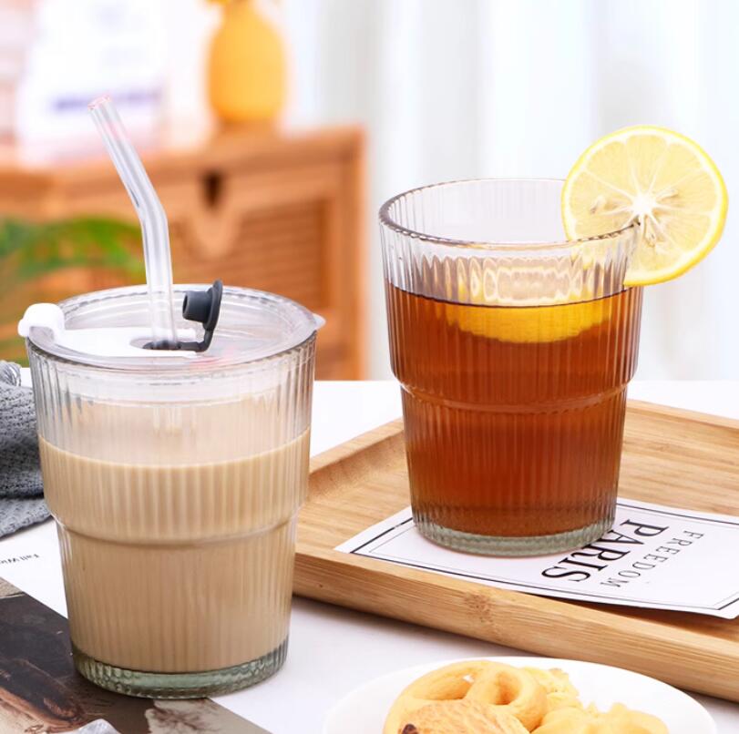 簡約豎紋玻璃水杯透明吸管杯ins風高顏值咖啡杯帶蓋家用牛奶杯子【繁星小鎮】