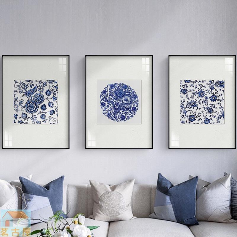 新中式客廳三聯裝飾畫藍色青花瓷掛畫中國風簡約餐廳壁畫廠家批發