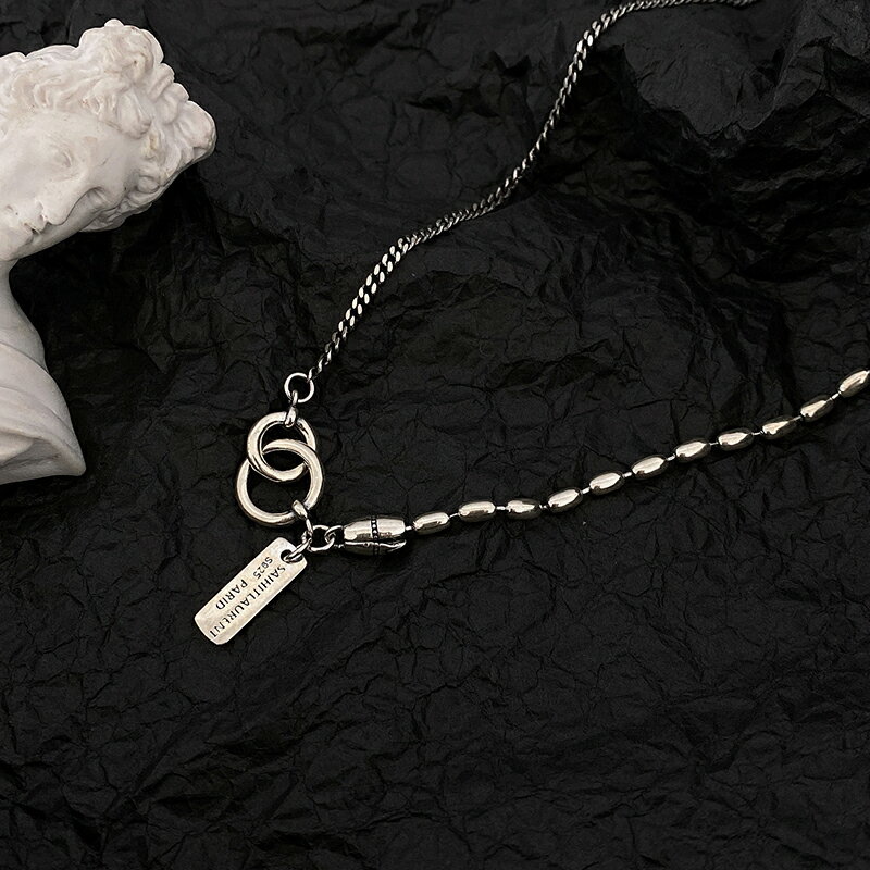 925純銀雙圓環項鏈女年新款方牌字母鎖骨鏈復古做舊嘻哈頸鏈 3