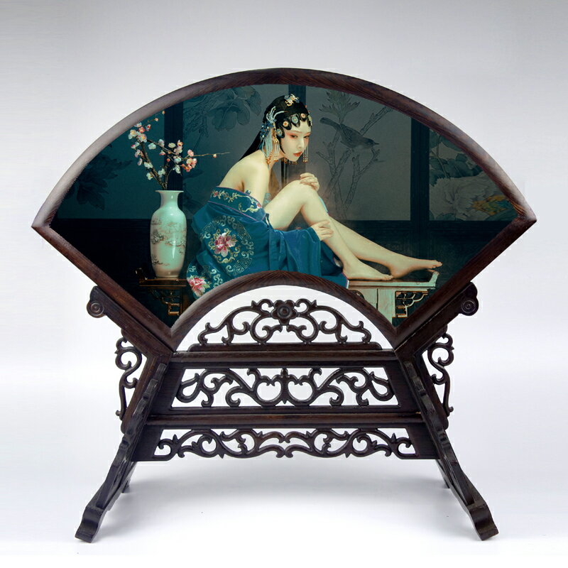 扇形照片實木雙面繡臺屏擺件 雞翅木古典中式擺件相框擺臺畫框 2