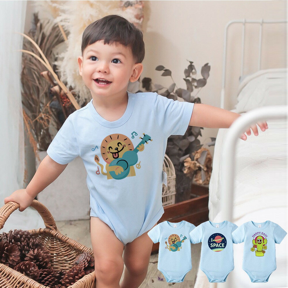 Baby童衣 藍色短袖包屁衣 趣味印花 獨家自印 可愛印花純棉圓領爬服 哈衣 66260