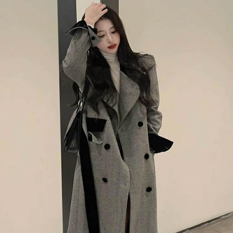 2024新款韓系小個子灰色中長款西裝式毛呢子大衣外套女秋冬高級感 交換禮物