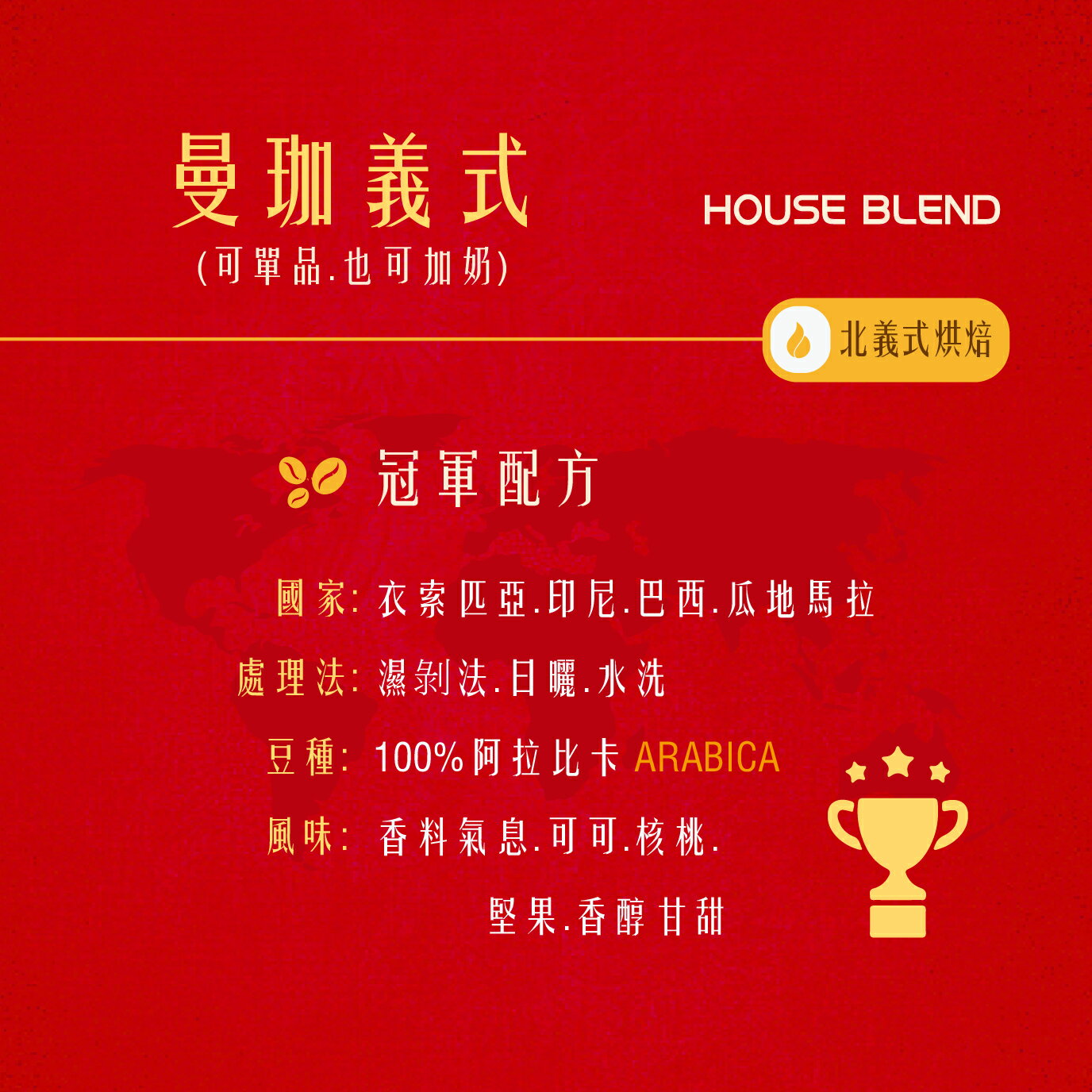 【曼珈義式】冠軍配方 中深烘焙(北義式) 精品咖啡豆 (1磅) 曼珈咖啡 1