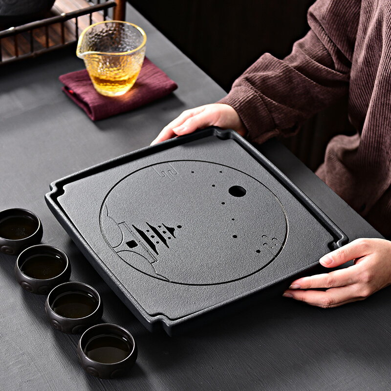 陶福氣 禪意茶盤陶瓷儲水干泡茶臺 正方形中式功夫茶托盤家用茶海