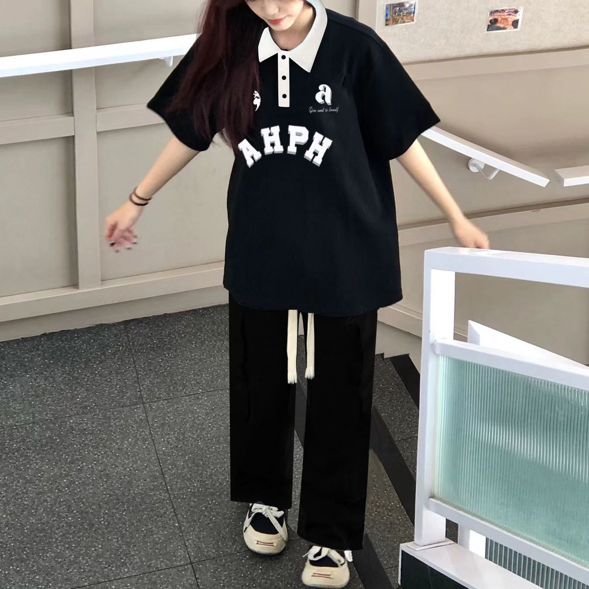 短袖套裝POLO衫短袖寬松休閒闊腿褲穿搭一整潮夏季新款