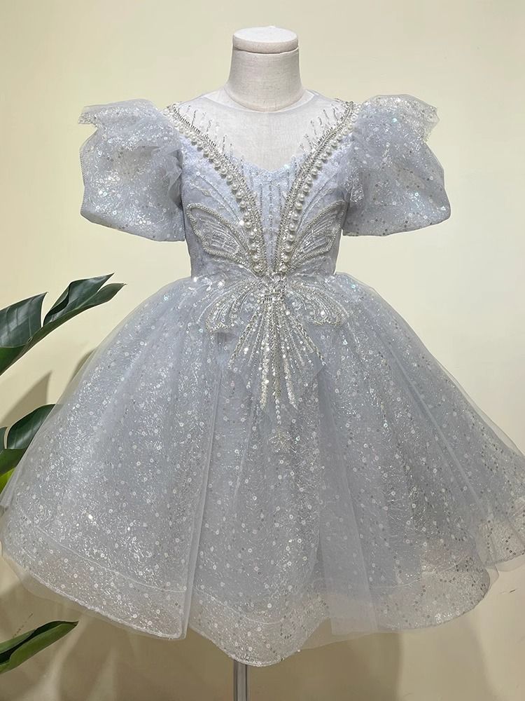【時尚衣領】女童高階禮服生日主持人演出服短款公主裙兒童鋼琴演奏走秀連衣裙
