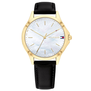 TOMMY HILFIGER 時尚女錶 白色珍珠貝錶盤 手錶 35mm 腕錶 1782167 黑色真皮錶帶(現貨)▶指定Outlet商品5折起☆現貨