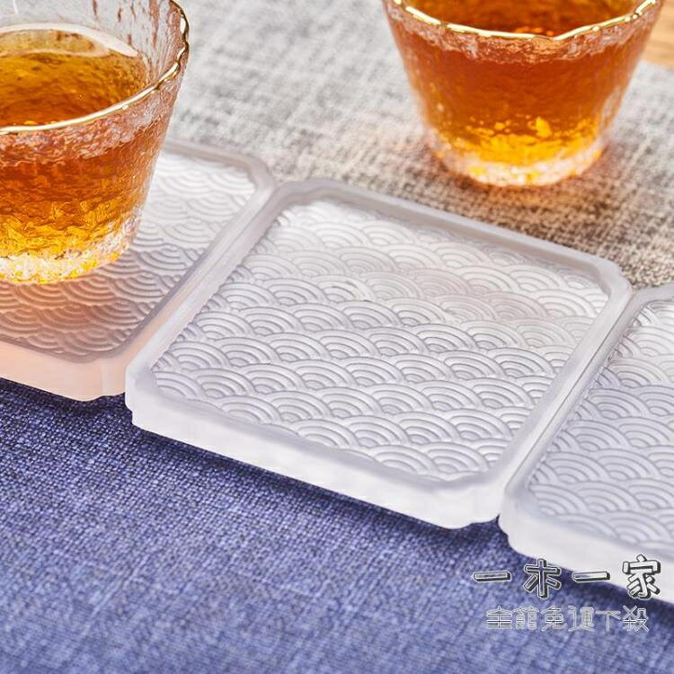 杯墊 心軒方形玻璃茶杯墊透明茶杯託波浪日式隔熱墊功夫茶具小茶碟家用