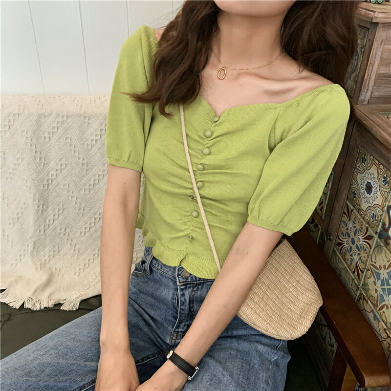 夏季短袖針織衫女港味牛油果綠一字領短款露肩上衣1入
