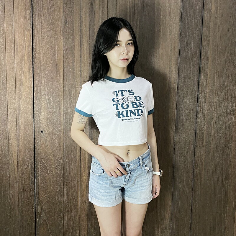 美國百分百【全新真品】Tommy Hilfiger 短袖上衣 棉質 女款 TH 短版 T恤 logo 白色 CW53