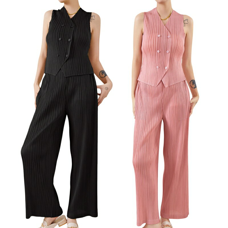 現貨+預購 三宅風上衣褶衣套裝女上衣長褲高級折衣彈力女裝顯瘦摺衣大碼-背心寬褲4色74lj17【獨家進口】【米蘭精品】