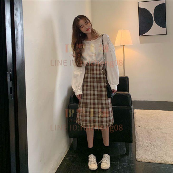 半身裙兩件套設計感小眾長袖襯衫高腰格子套裝時尚百搭女秋季新款