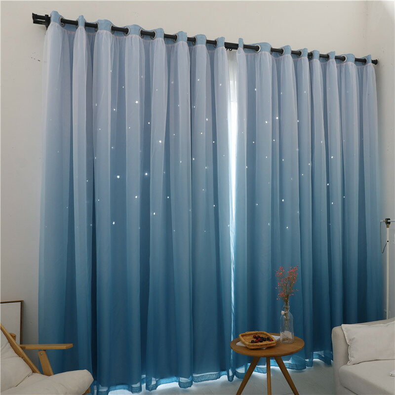 韓式兒童房清新雙層全遮光成品窗簾公主風落地窗臥室客廳鏤空星星