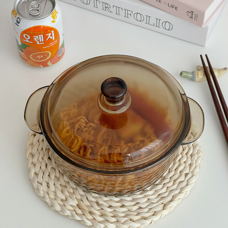 *穆尼* ins茶色玻璃雙耳煲家用帶蓋耐高溫泡麵碗大容量水果沙拉碗