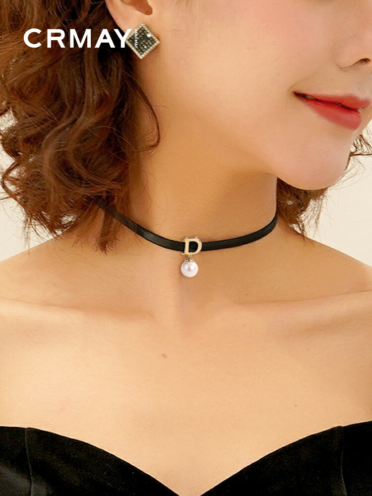 韓國choker項鏈女D字母黑色頸鏈皮繩鎖骨鏈 網紅脖子飾品頸帶項圈