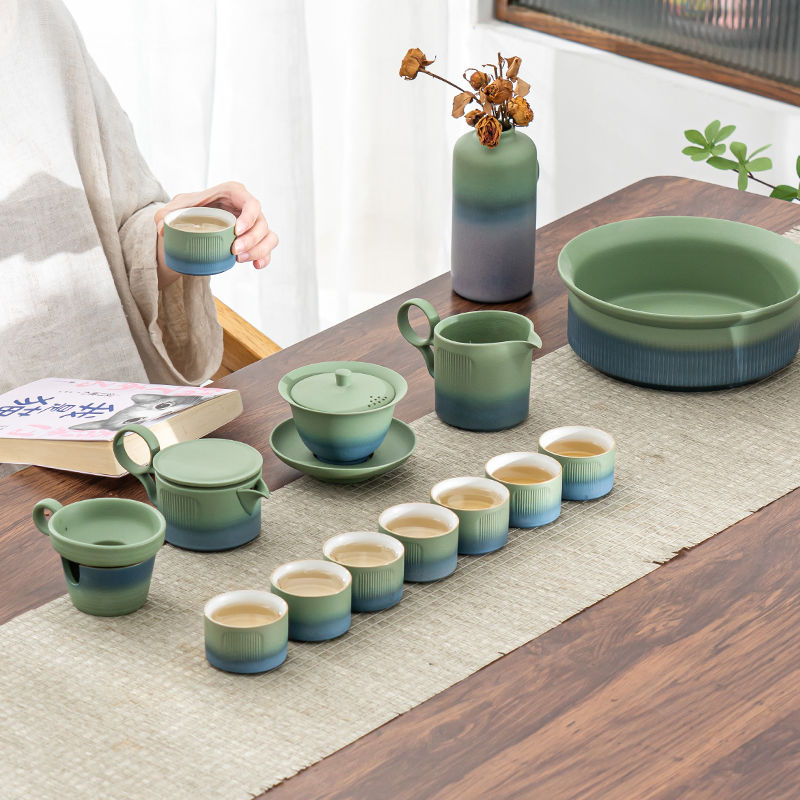 茶具套裝 只此青綠粗陶茶具套裝泡茶家用簡約日式茶臺陶瓷茶壺茶杯整套送禮