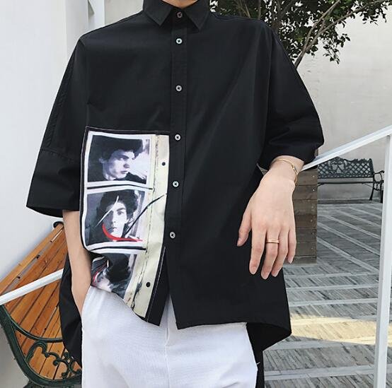 FINDSENSE MD 韓國 街頭時尚 潮 男 歐美人頭像印花 蝙蝠袖 寬鬆 五分袖襯衫 特色短T