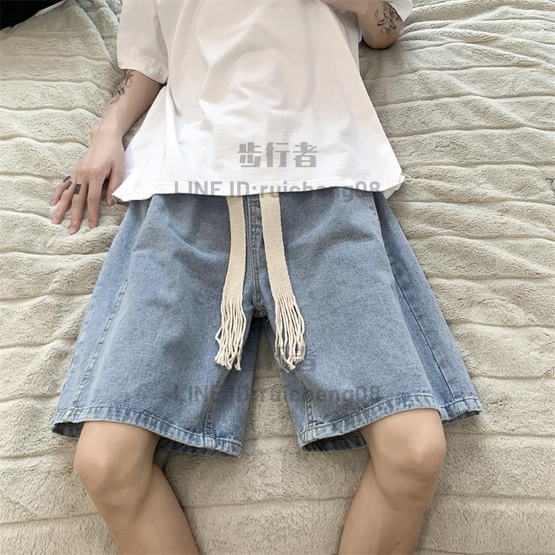 港風ins復古織帶牛仔短褲男夏季薄款寬鬆休閒潮流百搭學生五分褲【步行者戶外生活館】