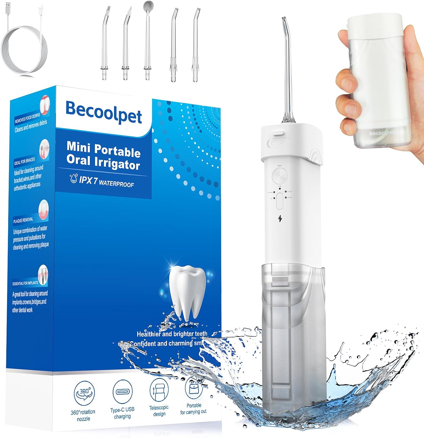 [4美國直購] Becoolpet 迷你可摺疊手持式沖牙機 200ML 容量 USB 充電 Mini Water Dental Flosser